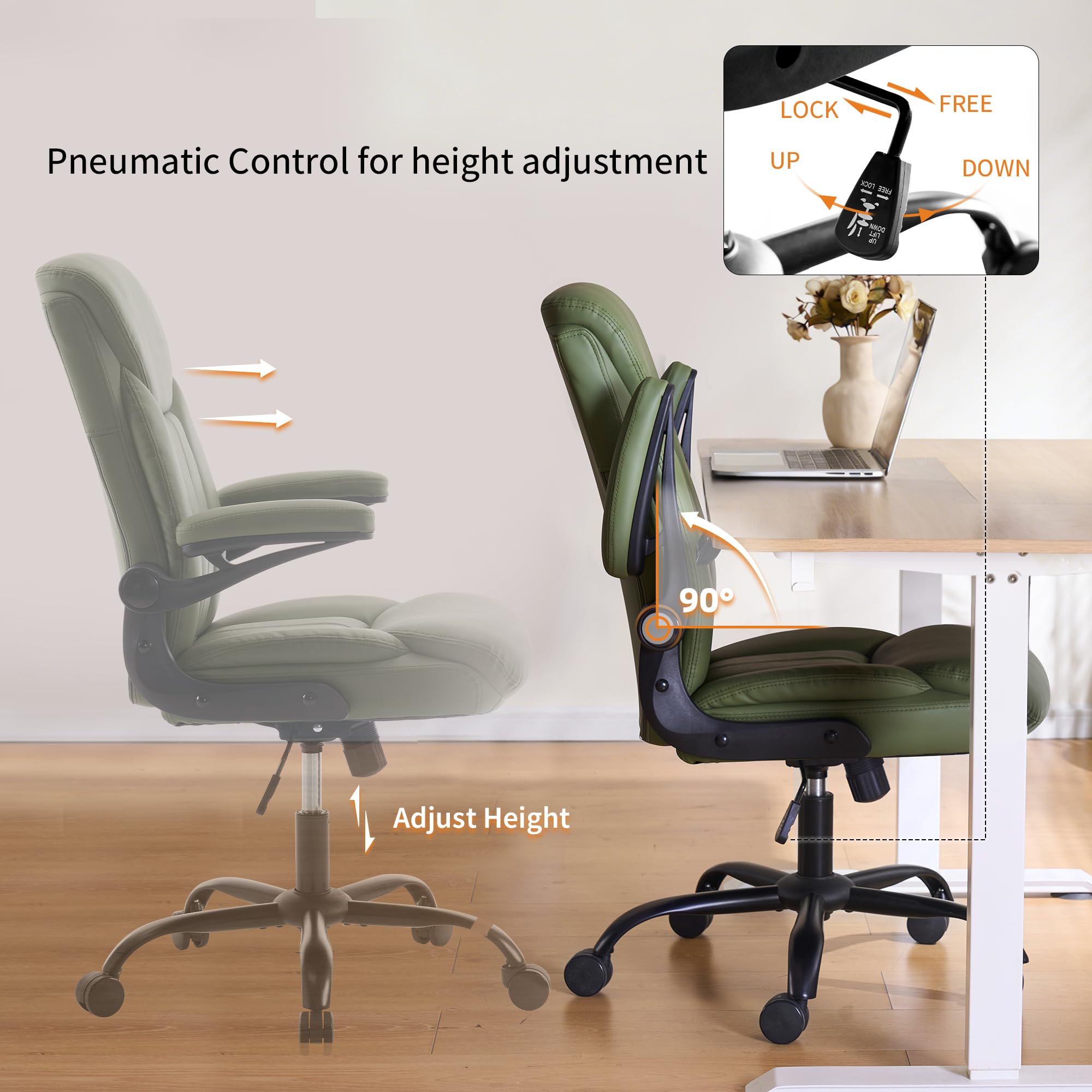Fmolat Ergonomic Home Office Chair Pu Leather Comfy Computer Chair, Green, 19.7"W x 19.5"D x 39"-42"H