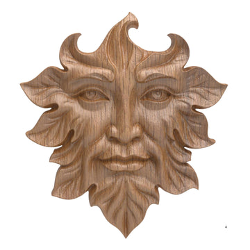 Green Man Plaque Garden Decor Leaf Face Wall Sculpture Handmade Solid Oak Wood Carving Design 5.5 x 6.1 inches Natural Unpainted Finish