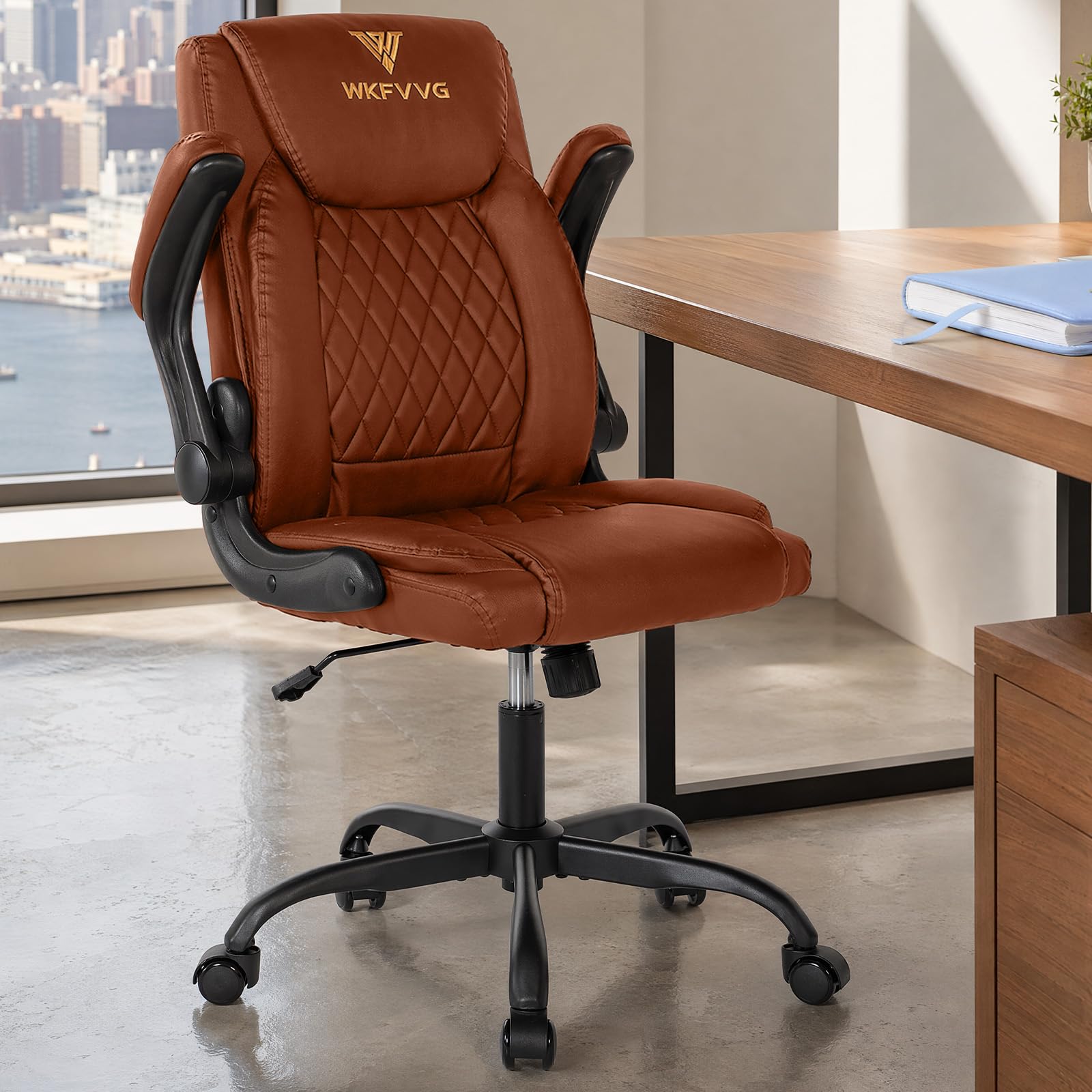Home Office Desk Chair, Adjustable Height Leather Office Chair, Brown, Mid-back