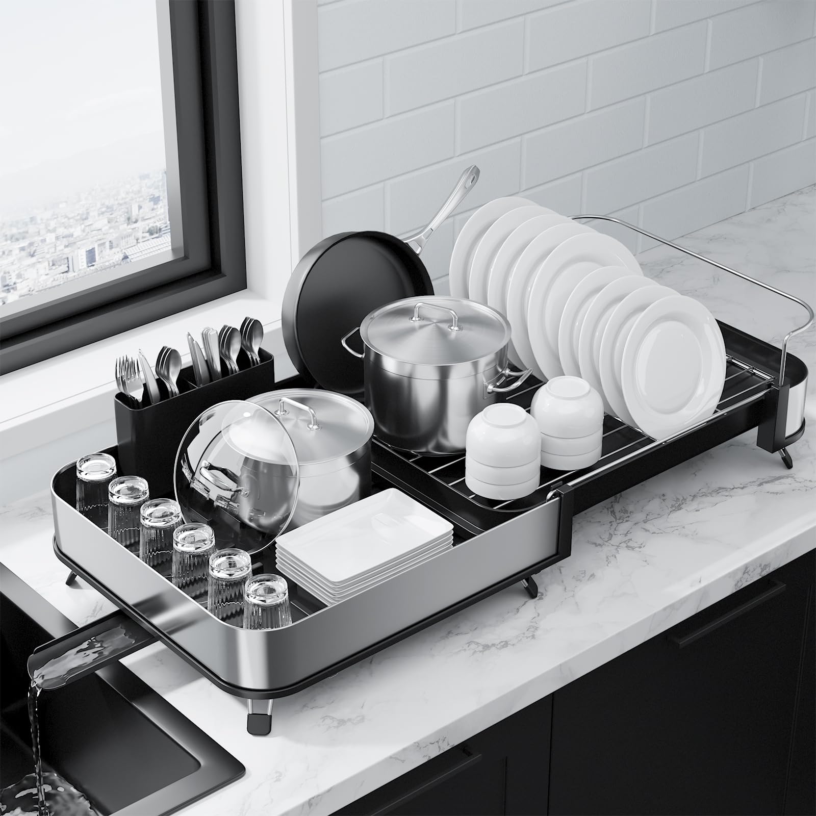 Kitsure Dish Drying Rack - Expandable Stainless Steel Dish Racks for Kitchen Counter, Auto-Drain Drying Rack for Kitchen with Cutlery Holder & Non-Slip Feet, 16.1-26.6" L x 12.6" W, Black