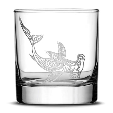Integrity Bottles Tribal Hammerhead Shark, Premium Whiskey Glass, Handmade, Handblown, Hand Etched Gifts, Sand Carved, 11oz