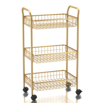 MNOPQ 3 Tier Rolling Utility Cart, Storage Trolley Service Cart with Wheels Easy Assembly for Kitchen, Living Room, Office, Salon, Gold