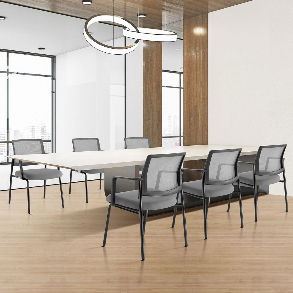 Mesh Back Stacking Arm Chairs, Office Reception Guest Chair with Upholstered Fabric Seat and Ergonomic Lumber Support, Sturdy Metal Office