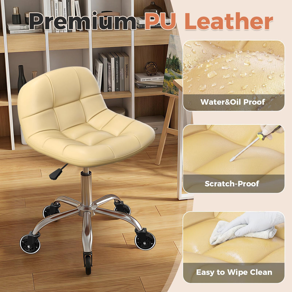 Rolling Stool Chair with Wheels, Height Adjustable Stool with Back Support, Office Drafting Chair with Pu Leather Cushion for Home Office