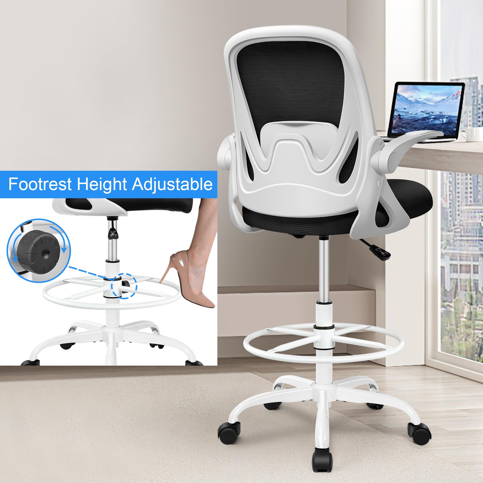 Drafting Chair Tall Office Chair with Flip-up Armrests, Adjustable Height, and Enhanced Lumbar Support - Ergonomic Rolling Stool, Back Support,