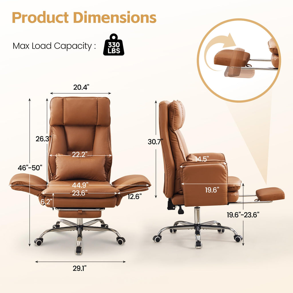 Big and Tall Office Chair, Footrest & Flip Armrest for Pets, Pu Brown, PU Leather