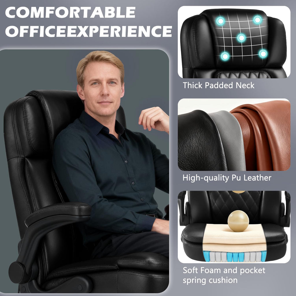 450lbs Executive Office Chair for Heavy People, Ergonomic Big and Tall Desk Chair with Adjustable Lumbar Support&flip Up Armrest,high Back Pu