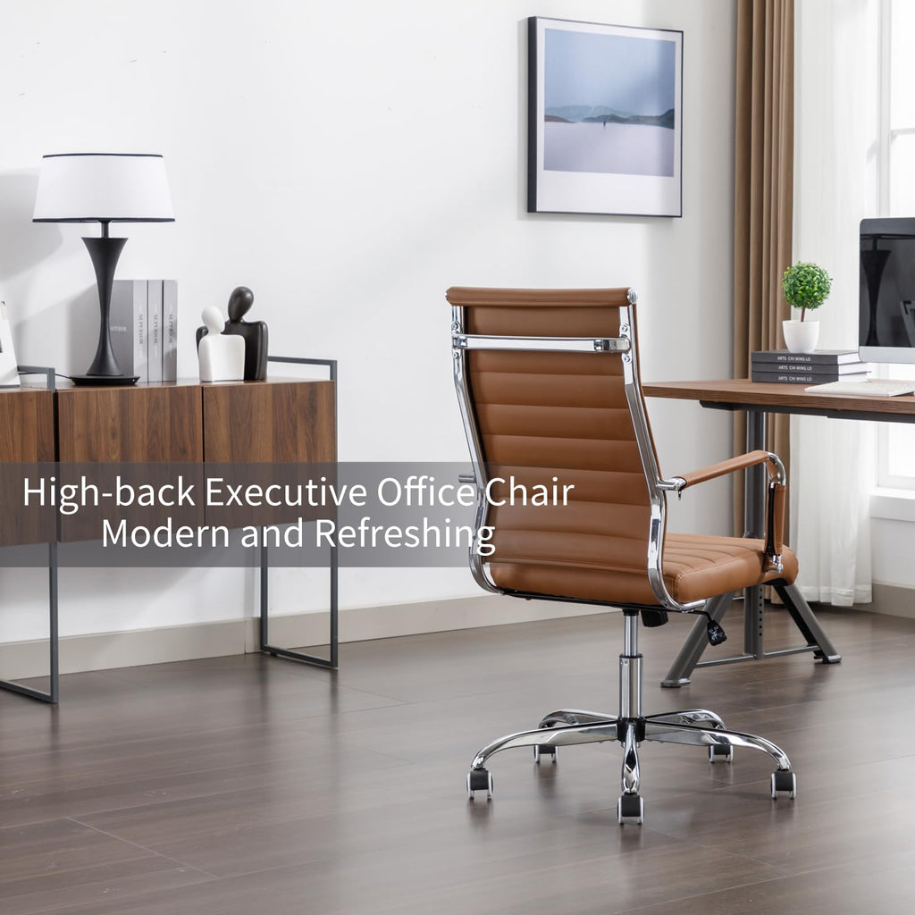 Office Desk Chair Leather, Conference Room Chairs with Wheels, Executive Modern High Back Ergonomic Swivel Rolling Ribbed Computer Chair