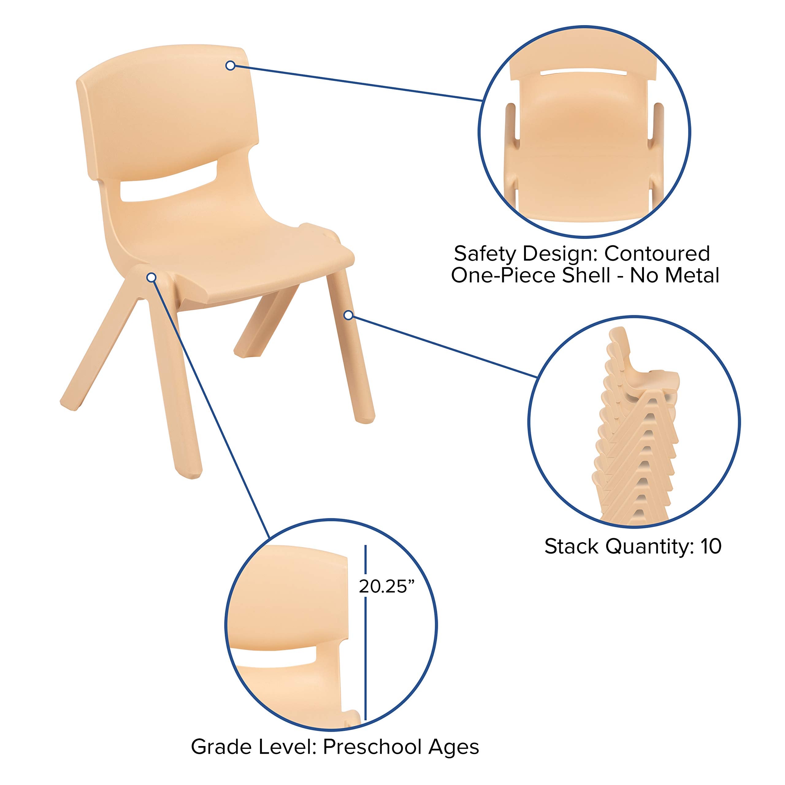 Emma + Oliver Natural Plastic Stackable School Chair, 10.5" Seat, 2-pack, 12.5"W x 14"D x 20"H