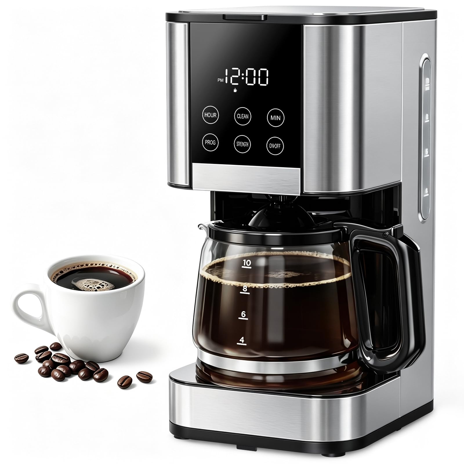10 Cup Programmable Drip Coffee Maker, Adjustable Brew Strength, Pause & Serve, Heat Resistant Glass Carafe, Permanent Filter, Auto Shut Off, Stainless Steel, Compact Coffee Machine for Home Office
