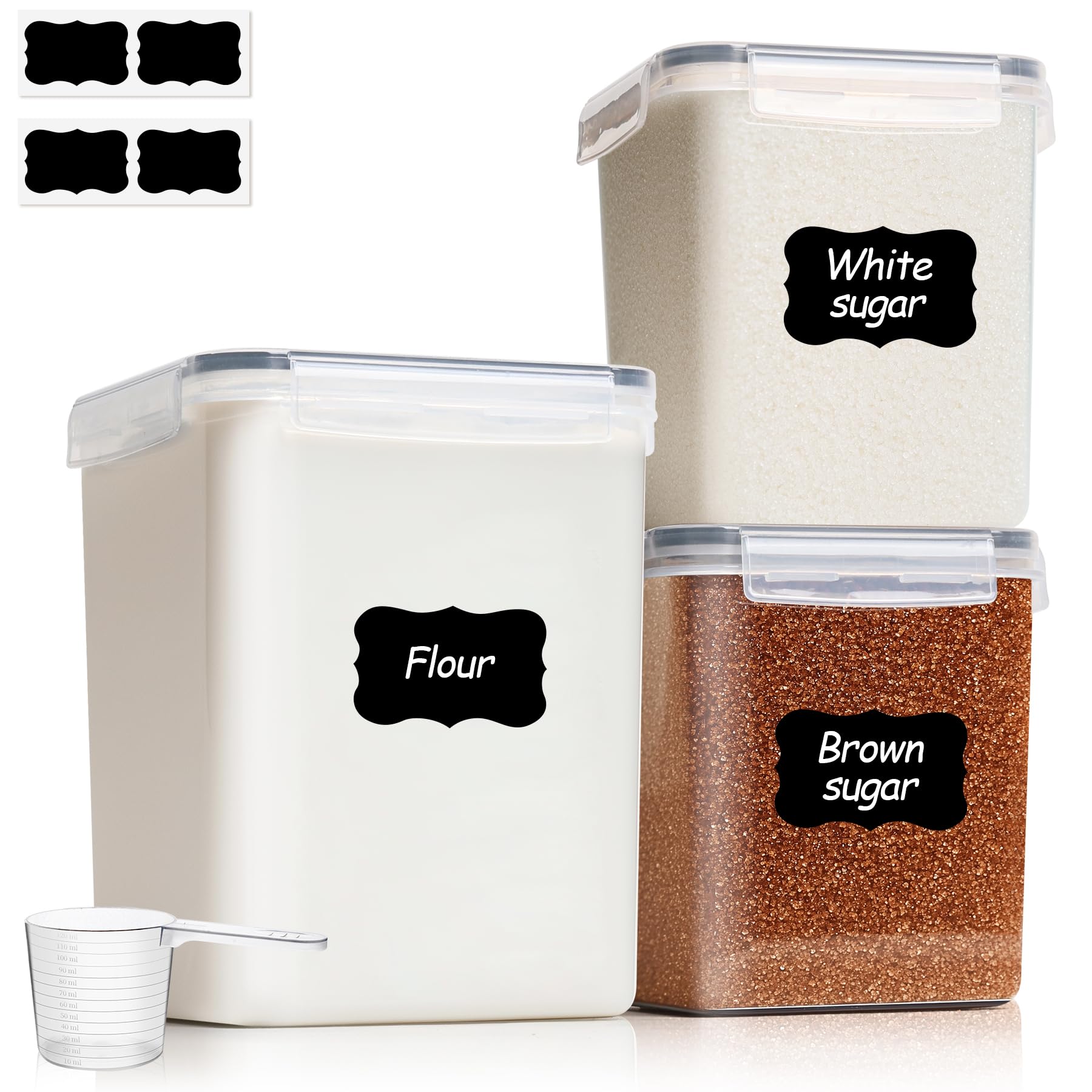 3 PCS Airtight Flour and Sugar Container for Pantry - 5lb Flour Capacity - 7.1 Inch Extra Wide Mouth Square Pantry Storage - Set of 3 (5.2L/5.5Qt) (2.5L/2.6Qt*2) - Stackable Baking Supplies Organizer