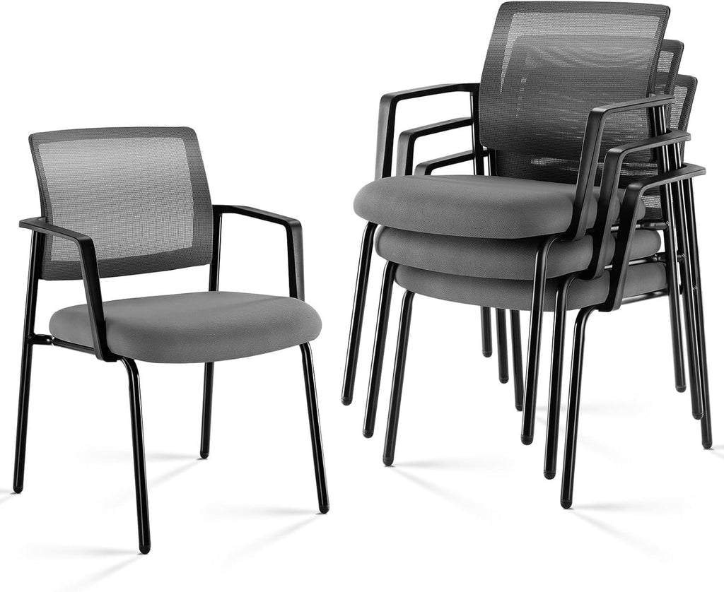 Mesh Back Stacking Arm Chairs, Office Reception Guest Chair with Upholstered Fabric Seat and Ergonomic Lumber Support, Sturdy Metal Office