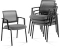 Mesh Back Stacking Arm Chairs, Office Reception Guest Chair with Upholstered Fabric Seat and Ergonomic Lumber Support, Sturdy Metal Office