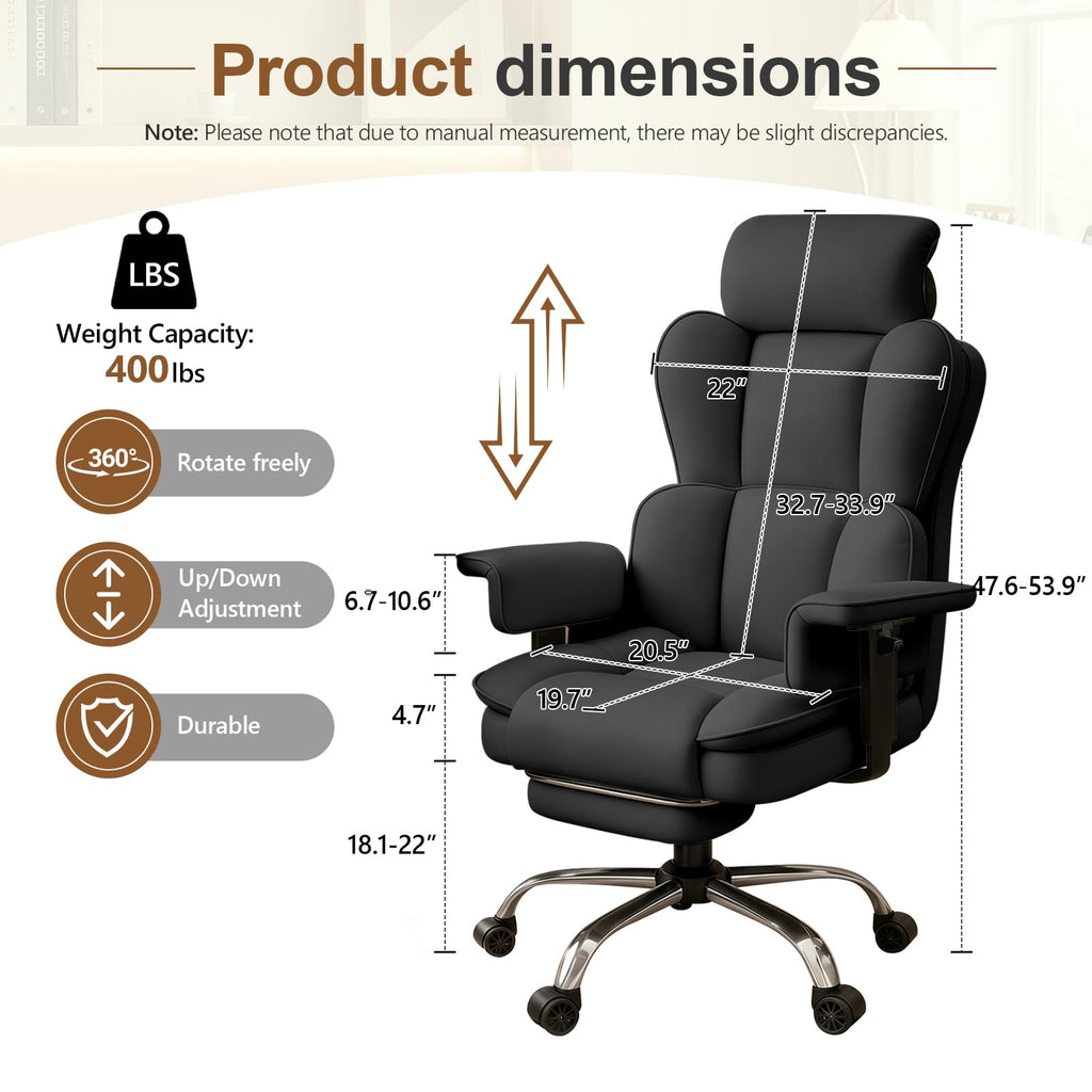 Xuegw Big and Tall Office Chair, Heavy Duty Executive Office Desk Chair Adjustable Armrests and Footrest, Pu Leather Computer Chair for Work