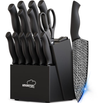 Amorston Knife Set, 15-Piece Kitchen Knife Set with Built-in Sharpener Block, German High-Carbon Stainless Steel, Dishwasher Safe, for Home Cooks and Everyday Meal Prep