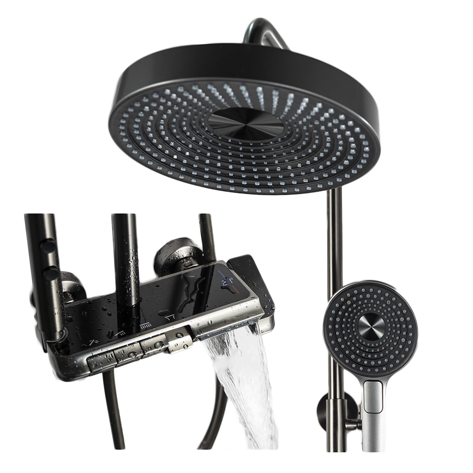 Shower System, Bathroom Shower Faucet Set Digital Display Shower Fixtures 4 Functions Shower Kit with Valve and 3 Modes Handheld Shower Head, Waterfall Bathtub Faucet