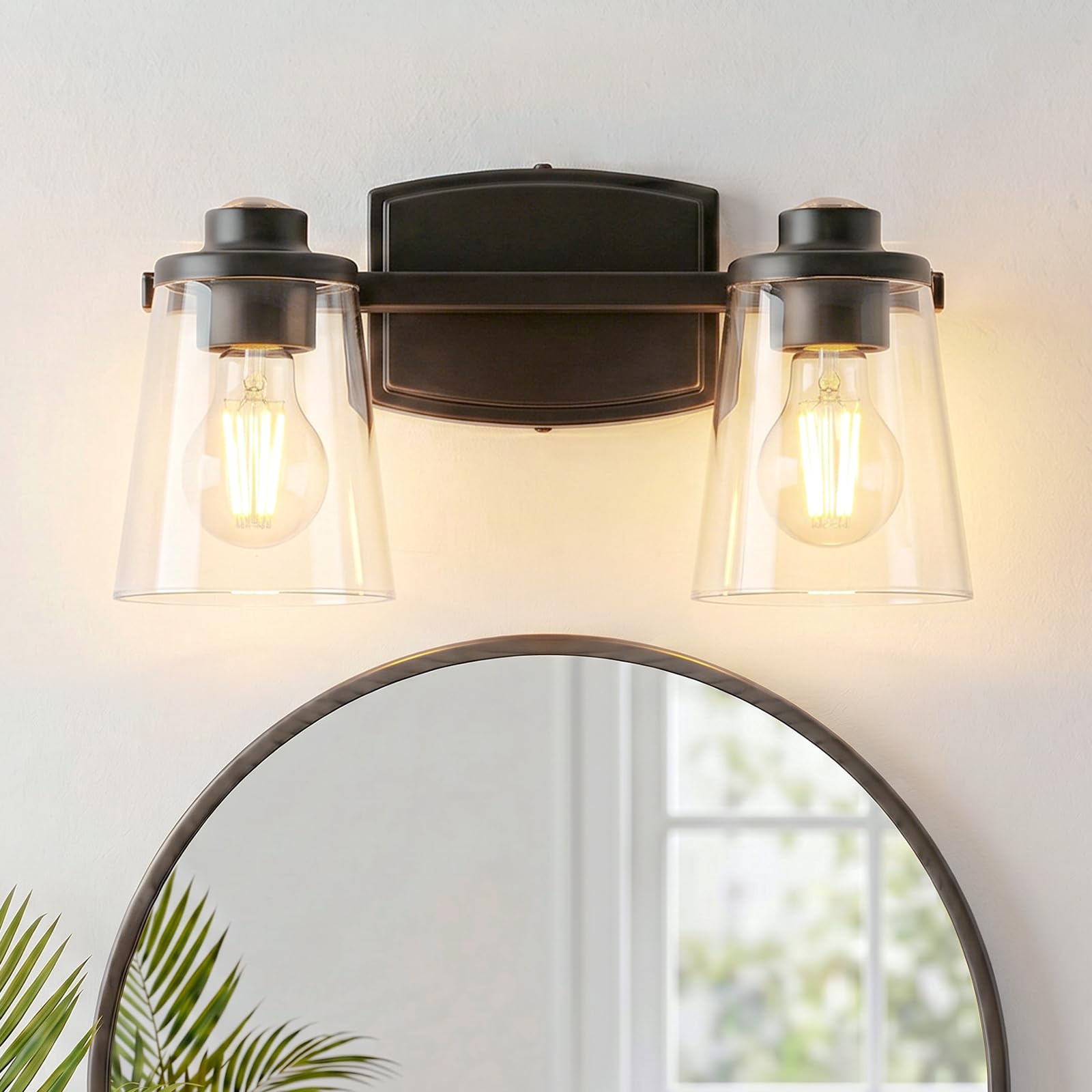 Bathroom Light Fixtures, 14" Modern Matte Black Vanity Lights for Bathroom with Thick Clear Glass Shade, 2-Light Bathroom Light Fixtures Over Mirror for Cabinet Mirror Bedroom Hallway
