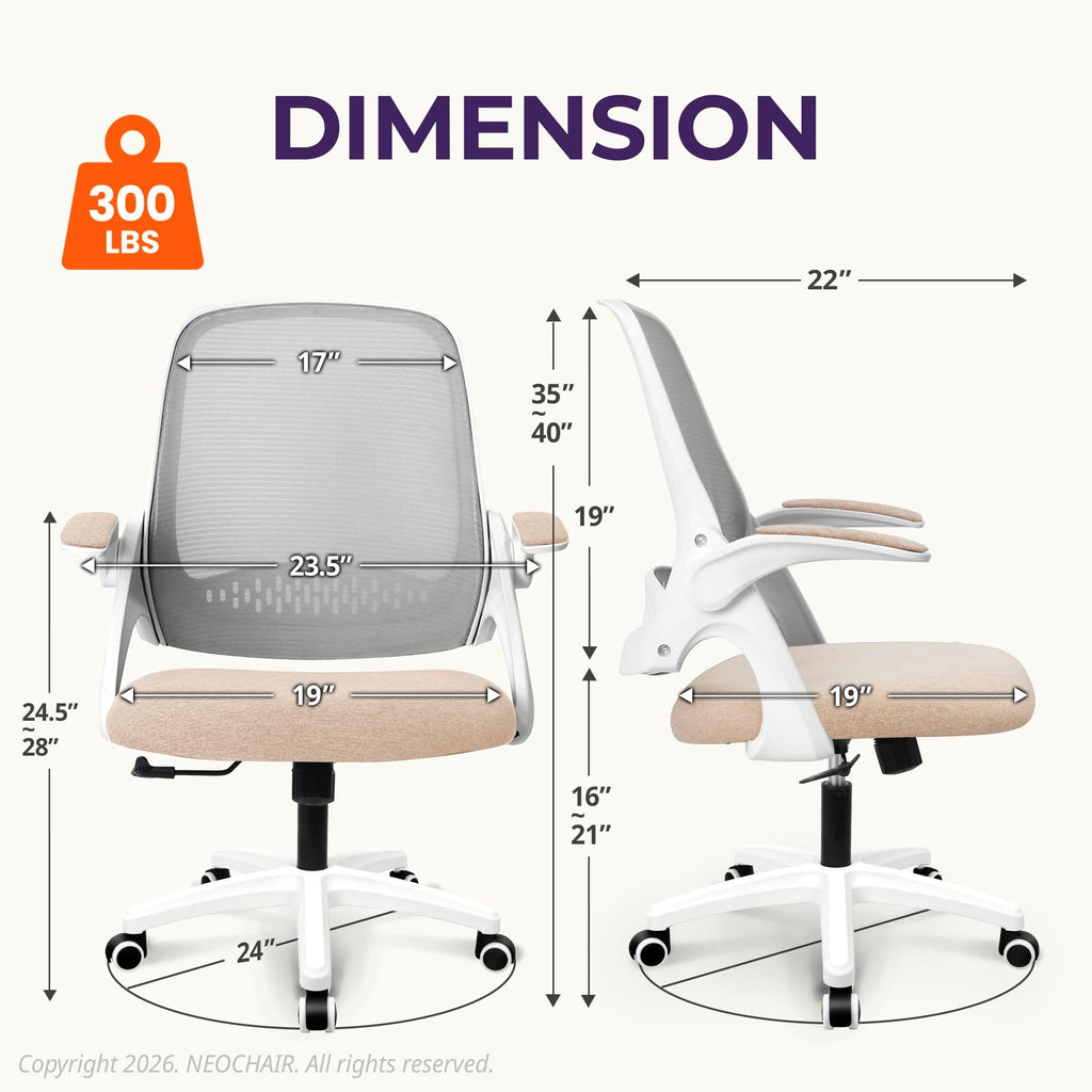 Neo Chair Office Desk Chair, Ergonomic Mesh with Flip-up Armrests, Beige, Mesh Chair