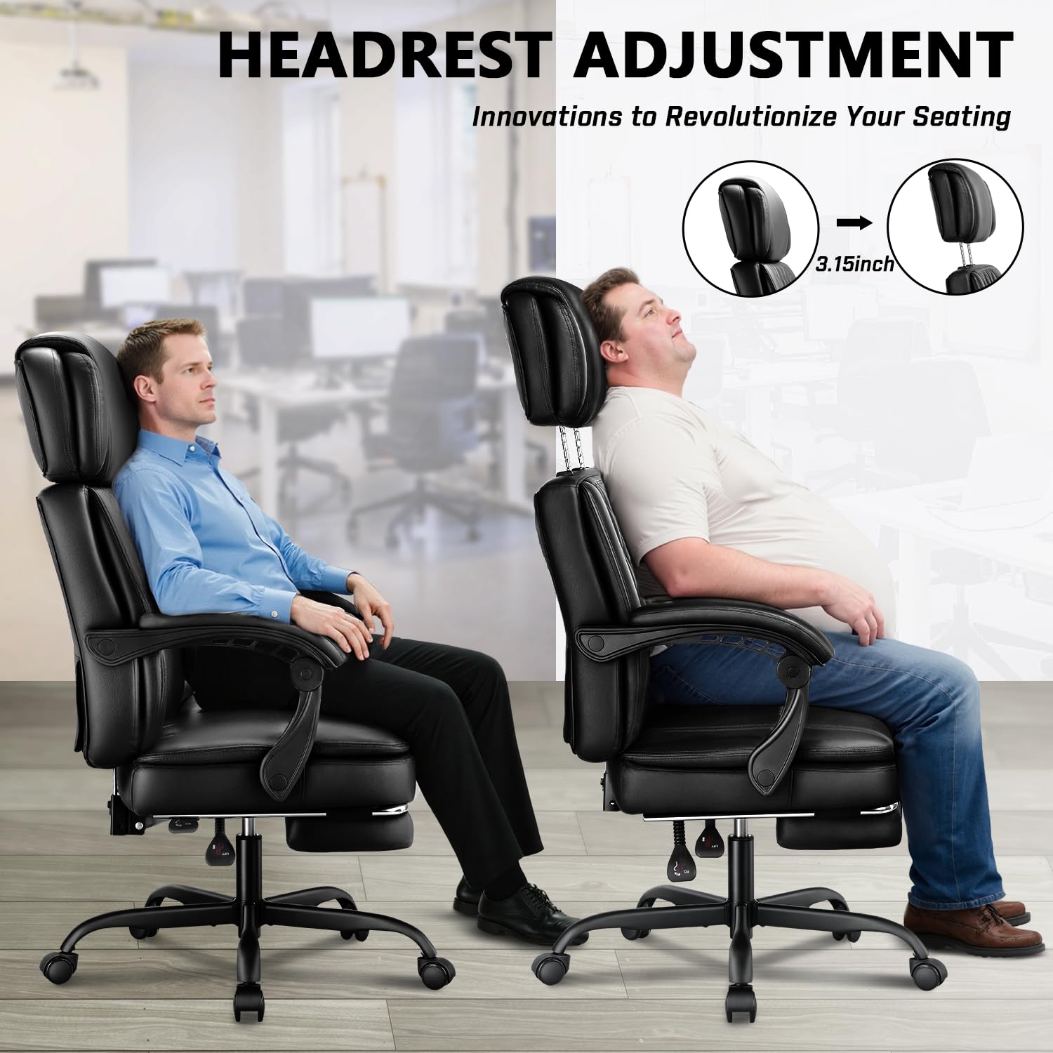 400lbs Executive Office Chair with Foot Rest for Heavy People, Ergonomic Big and Tall Desk Chair with Adjustable Headrest, High Back Pu Leather