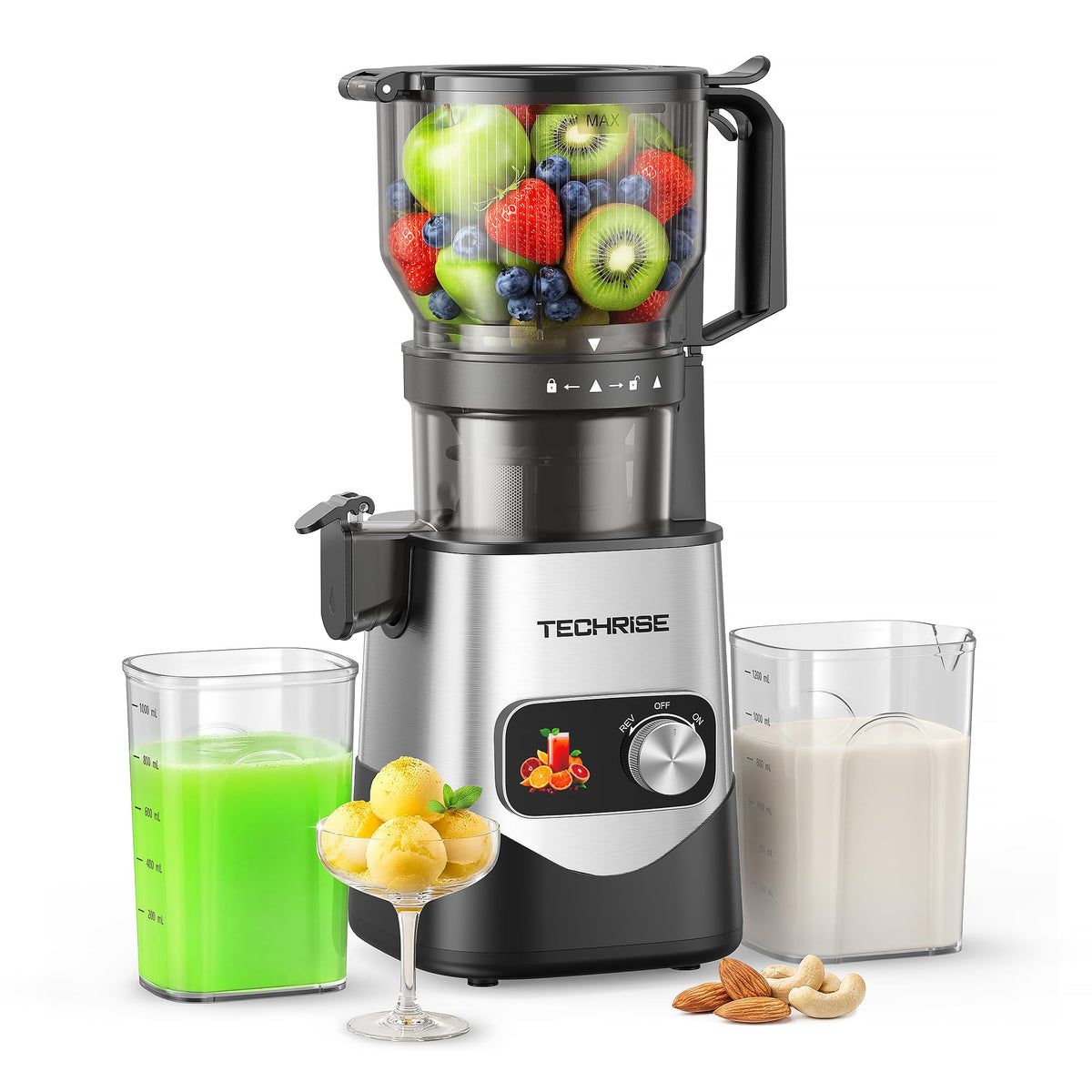 TechRise 3-in-1 Cold Press Juicer with 6" Wide Feed Chute, Slow Masticating Juicer Machine for Whole Fruits & Vegetables, Makes Juice, Fruit Sorbet & Nut Milk, Easy to Clean, BPA-Free, Space Silver