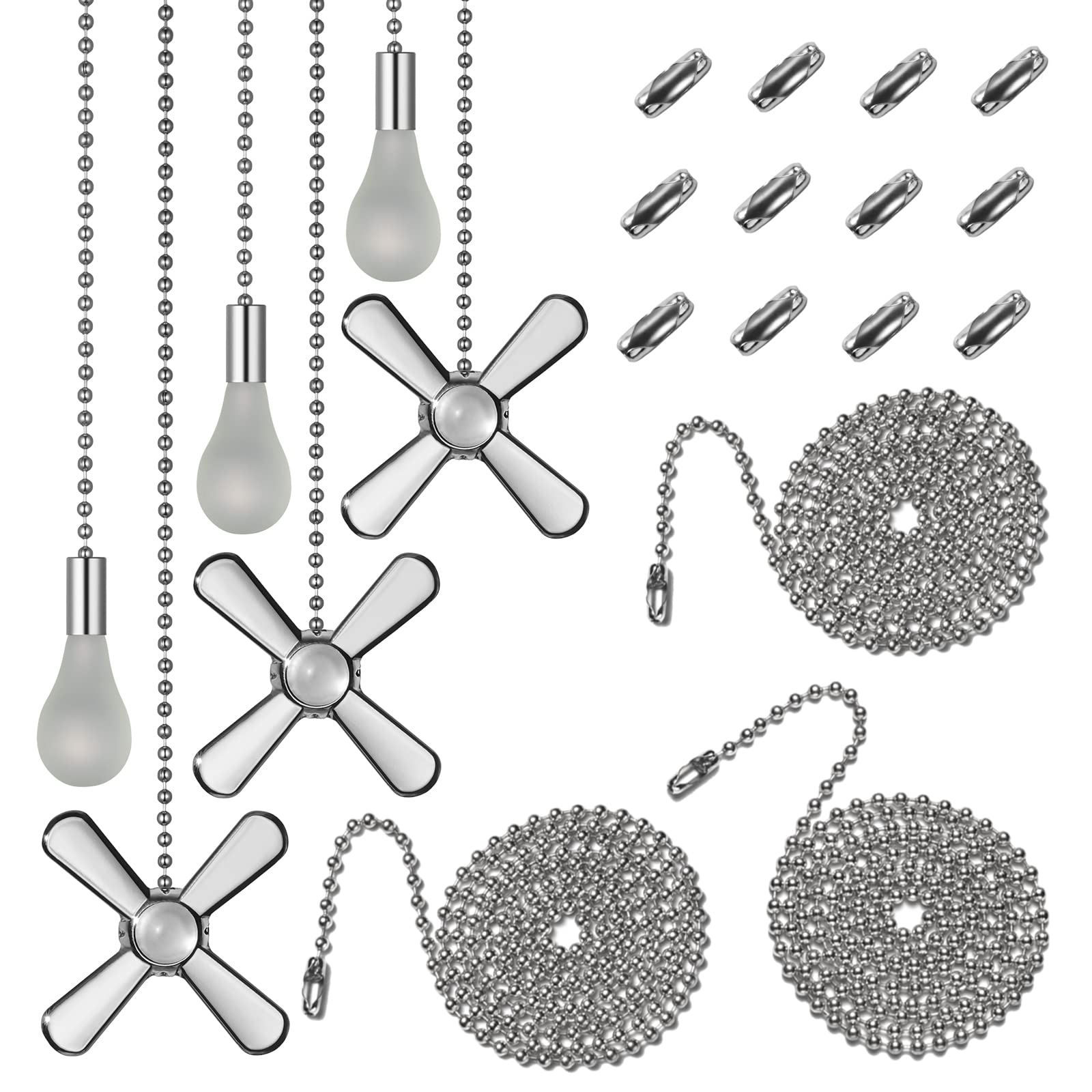 6 Combo Ceiling Fan Pull Chain Set?Including 6Pcs Beaded Ball Fan Pull Chain Pendant Extra 12Pcs Beaded and Pull Loop Connectors 3Pcs 36inches Fan Pull Chain Extension?Nickel?