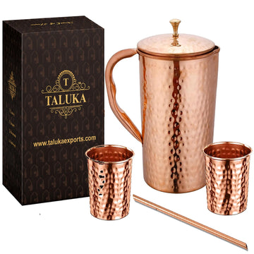 Taluka Handmade 70 OZ/2000 ML Pure Copper Hammered Large Water Pitcher/Jug With Lid 2 Tumblers & 1 Straw Leak Proof Design Vessel For Drinking Gifting Home Yoga Ayurveda Health Benefits