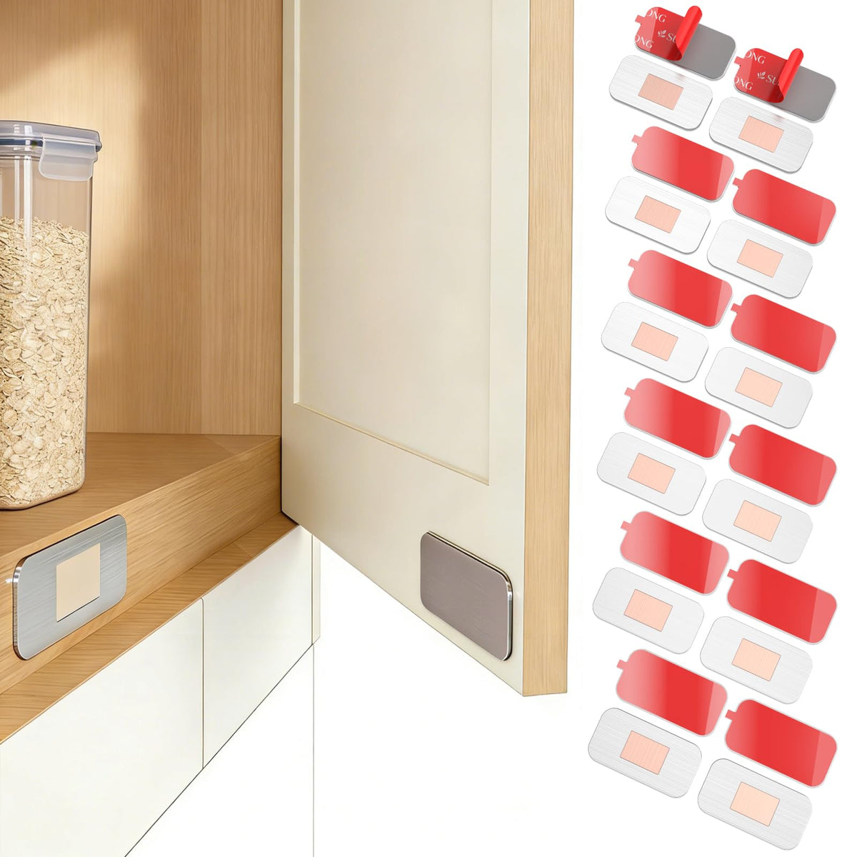 12 Pack Magnetic Cabinet Door Catch, Cabinet Magnets for Closure | No-drill install, 15 lb hold, embedded magnet, 48 thin and thick adhesive pads, easy-peel tabs, kitchens, closets and RVs
