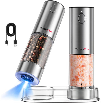 TempPro Electric Salt and Pepper Grinder Set, Rechargeable Salt Grinder Set
