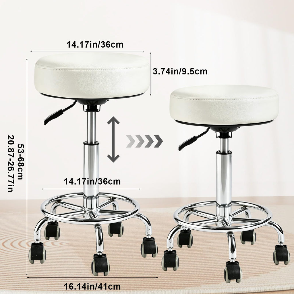 Limkomes 500lb Heavy-duty Adjustable Stool with Wheels, Round Rolling Chair, No backrest, White