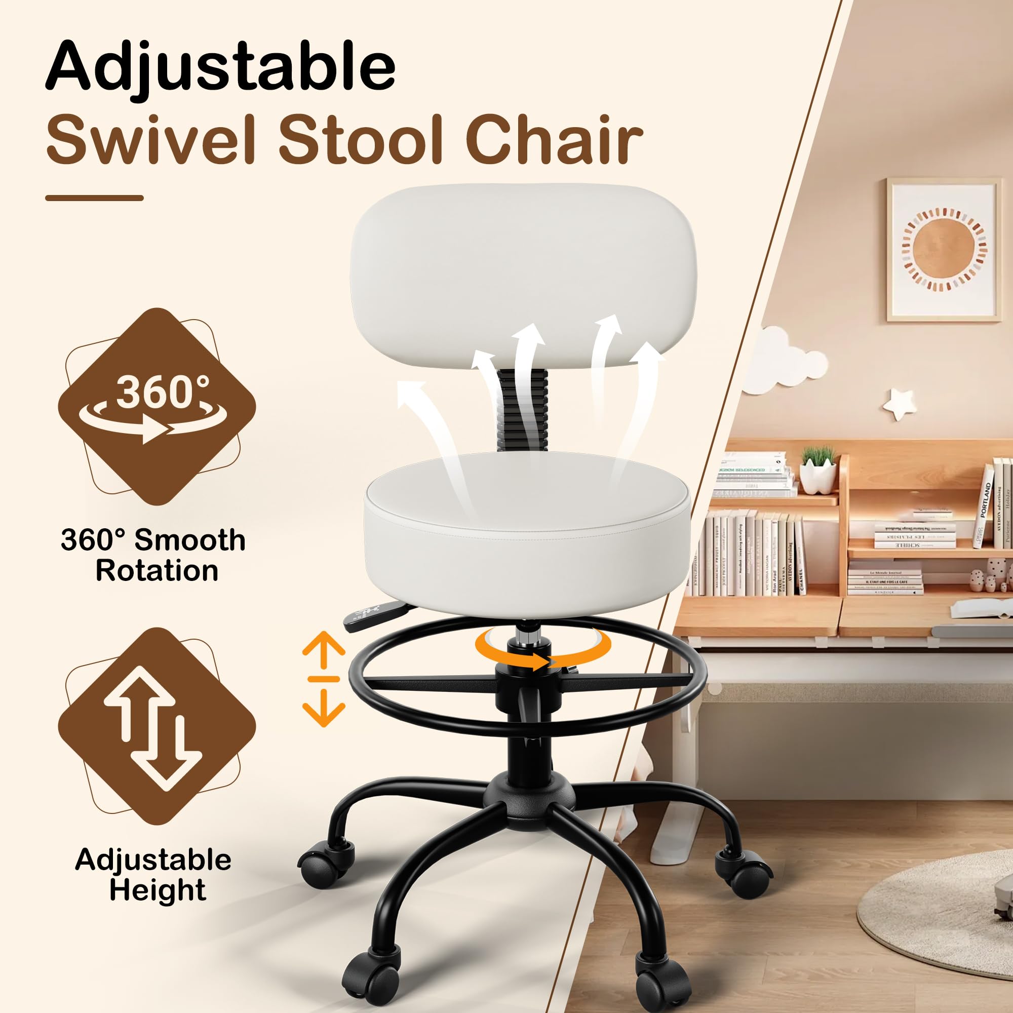 Anunweldo Drafting Chair with Back Support, Adjustable Foot Rest Rolling Stool, 360° Swivel Office Desk Chair with Wheels, Thick Seat Cushion