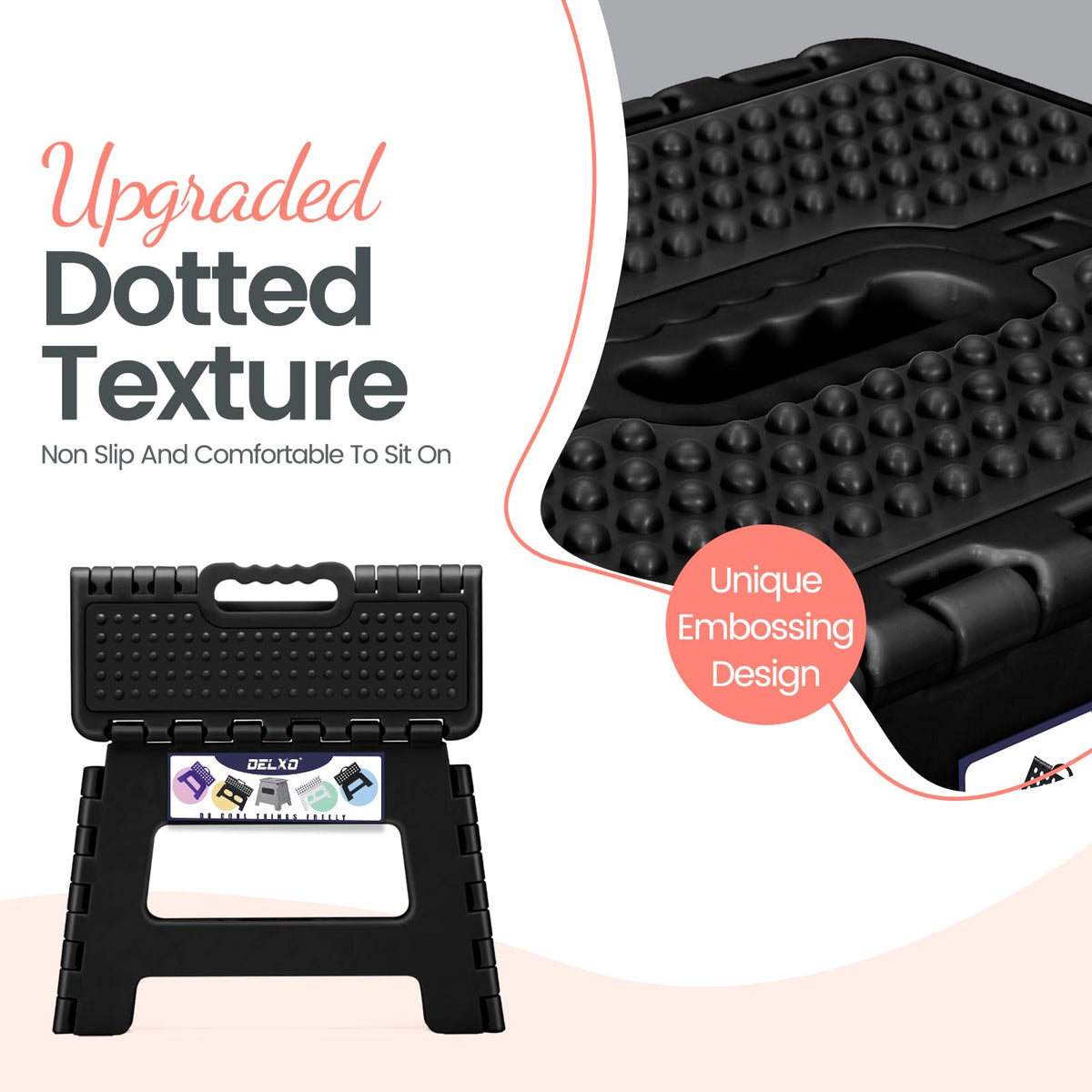 Delxo Folding Step Stool 9 Inch Non-slip Foldable Stools for Kids & Adults Up to 300 Lbs Kitchen Collapsible Fold Up Stepping Stool with Dotted