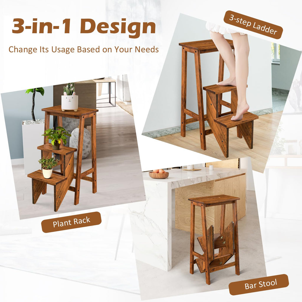 Costzon Folding 3 Step Stool, 3 in 1 Wooden Step Ladder with Handle, Non-slip Pedal, Multifunctional Storage Shelf, Flower Rack for Kitchen,