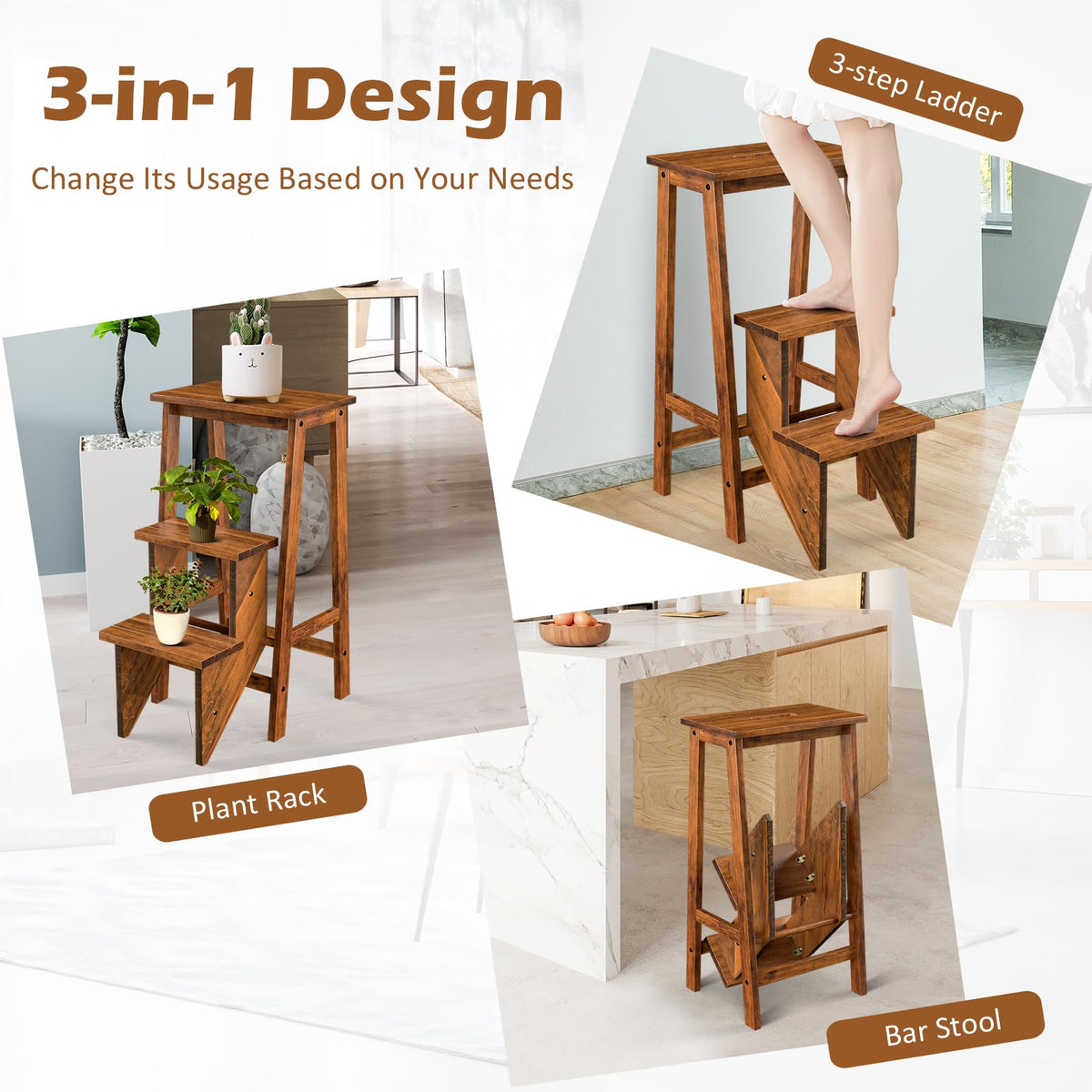 Costzon Folding 3 Step Stool, 3 in 1 Wooden Step Ladder with Handle, Non-slip Pedal, Multifunctional Storage Shelf, Flower Rack for Kitchen,