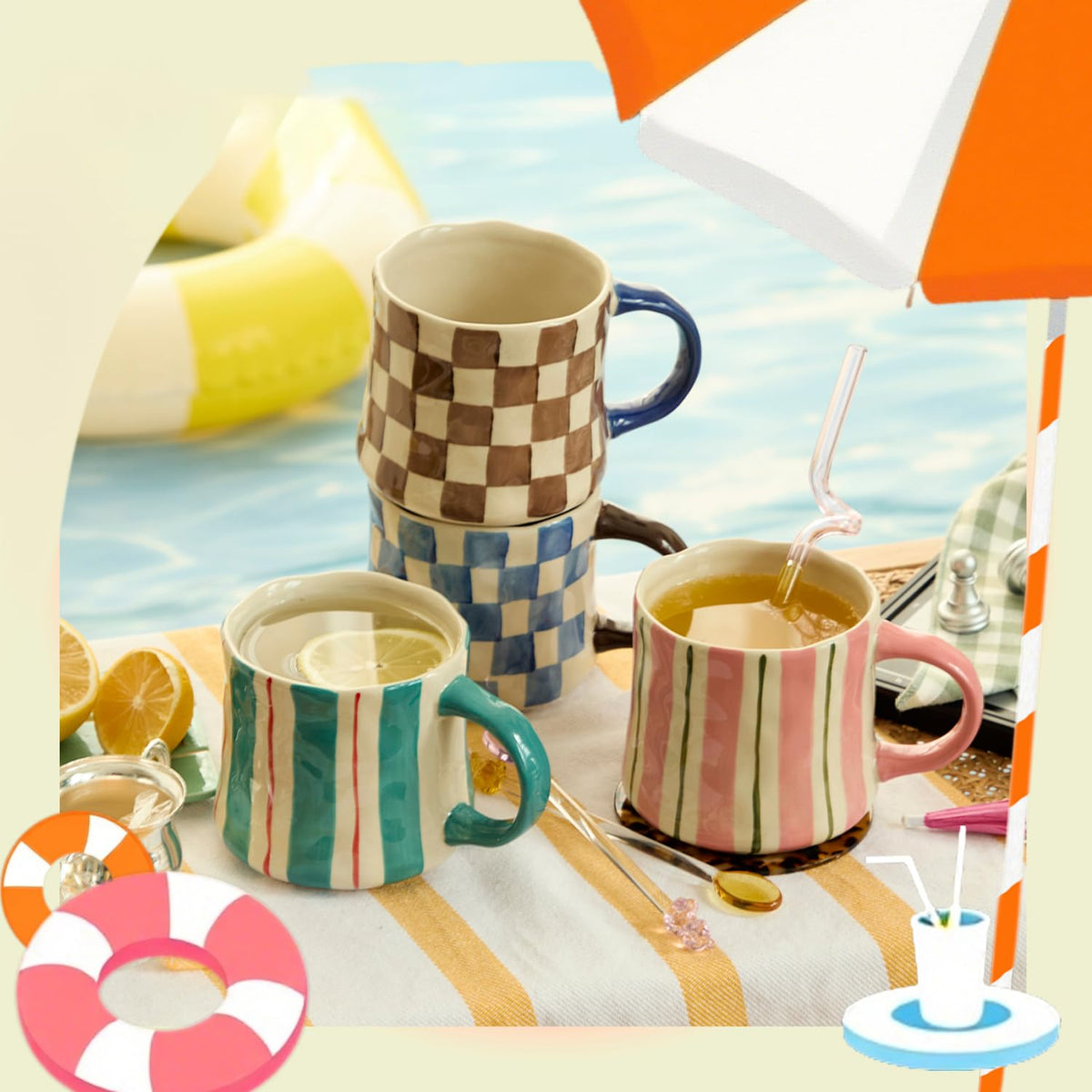 Hand-Painted Ceramic Coffee Mugs Set of 4 – 16oz Large Capacity Artistic Tea Cups with Checkerboard & Striped Patterns, Microwave & Dishwasher Safe for Home, Office, Kitchen (Summer Vibes Collection)