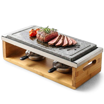 Artestia Steak Lava Stone Table Grill for Meat with Bamboo Stand, Smokeless BBQ Grill with Fast Heating Natural Lava Cooking Stone, Ideal for Dinner and Family Fun, Two Rechauds (14.56"*6.69")