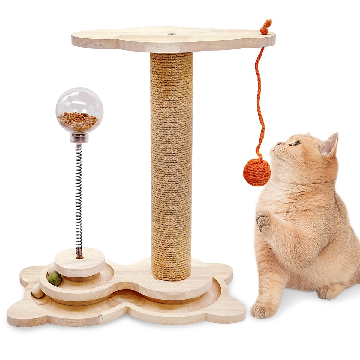 Fhiny Cat Scratching Posts, Interactive Cat Toys for Indoor Cats Sisal Rope Kitten Scratcher with Cat Treat Dispenser 2-Layer Wooden Cat Turntable & Interactive Balls Dangling Ball for Cats Kittens