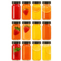 12 Pack 2 oz Glass Shot Mini Bottles with Black Lids - Reusable Leakage-Proof Small Clear Jar for Ginger, Wellness Shot, Juice, Sample, Whiskey, Essentials - Wide Mouth Containers, Dishwasher Safe