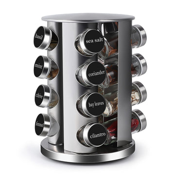 DOUBLE 2 C Revolving Countertop Spice Rack Stainless Steel Seasoning Storage Organization,Spice Carousel Tower for Kitchen Set of 16 Jars (16Jars)