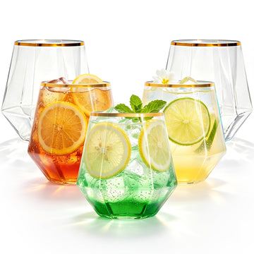 Lullaby 40PCS 12Oz Stemless Plastic Wine Glasses Gold Rim, Diamond Design