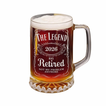 2026 Retirement Beer Glass – The Legend Has Retired Engraved Beer Stein – Large 25oz Etched Glass Mug, Retirement Gift for Men & Women