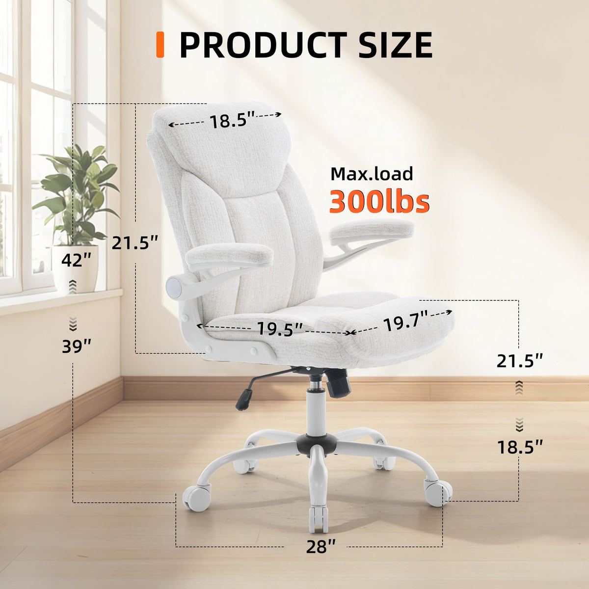 Fmolat Ergonomic Home Office Chair Fabric Comfy Computer Chair, White, 19.7"W x 19.5"D x 39"-42"H