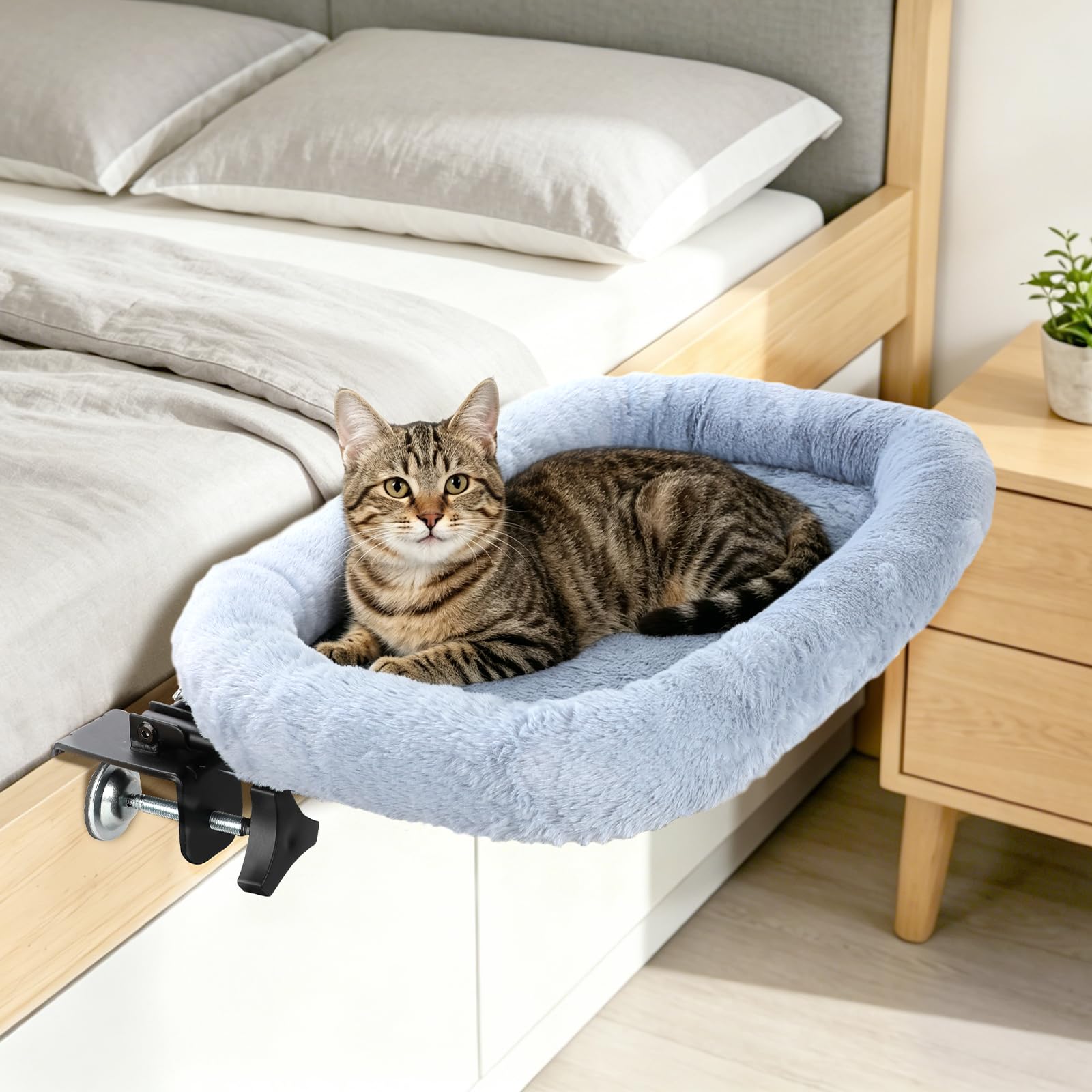 Bedside Cat Bed, 23"x14" Spacious Pet Beds Attached to Human Bed, Soft Plush Foldable Cat Beds with Steel Clamp, Removable & Washable Pet Bed Supports Up to 40lbs