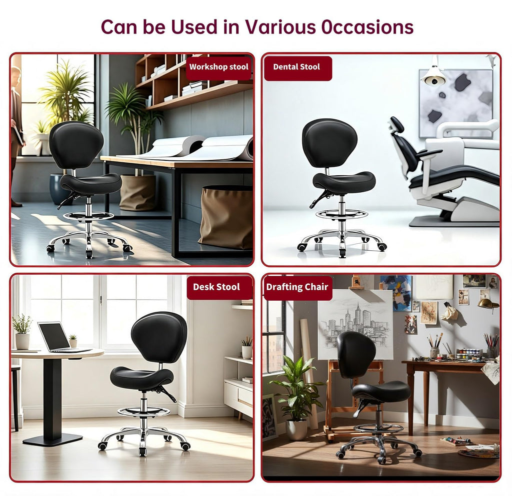 Kaleurrier Adjustable Stools Drafting Chair: with Back Support & Foot Rest, 20-28 inch seat height, Black