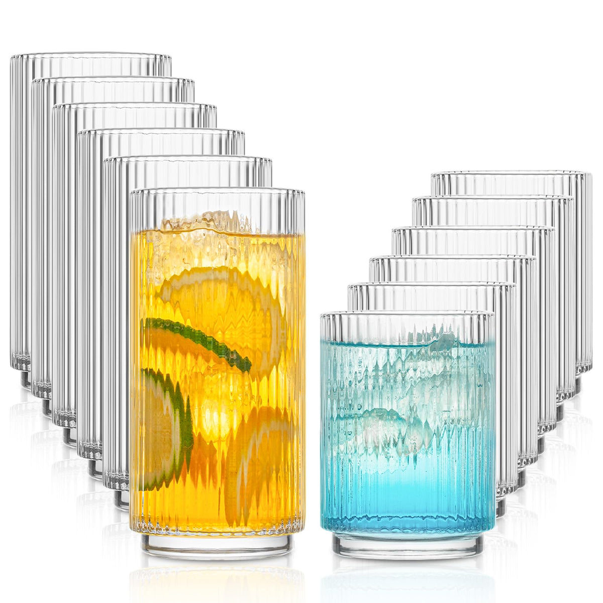 INSETLAN Ribbed Drinking Glasses Set of 12 – 6 Highball Glasses 12oz, 6 Rocks Cocktail Glasses 8oz – Everyday Glassware, Glass Cups for Iced Coffee, Cocktails, Whiskey, Water & Beer, Stackable