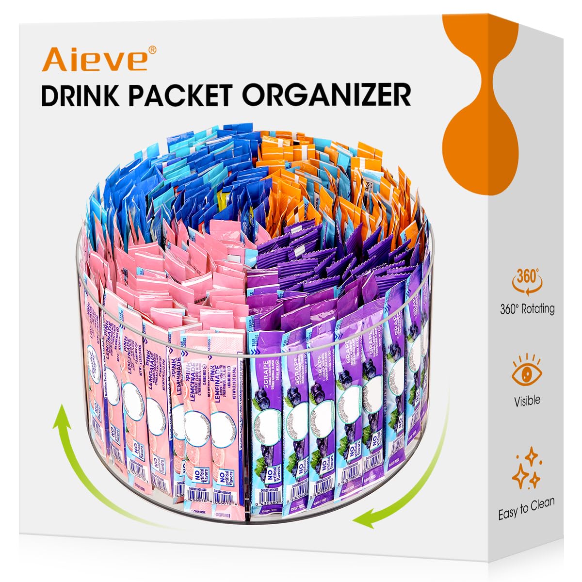 AIEVE Drink Packet Organizer, Lazy Susan 360° Turntable Organizer for Drink Mix Hydration Packets, Water Flavor Acrylic Container Tea Bag Holder for Kitchen Storage Organization