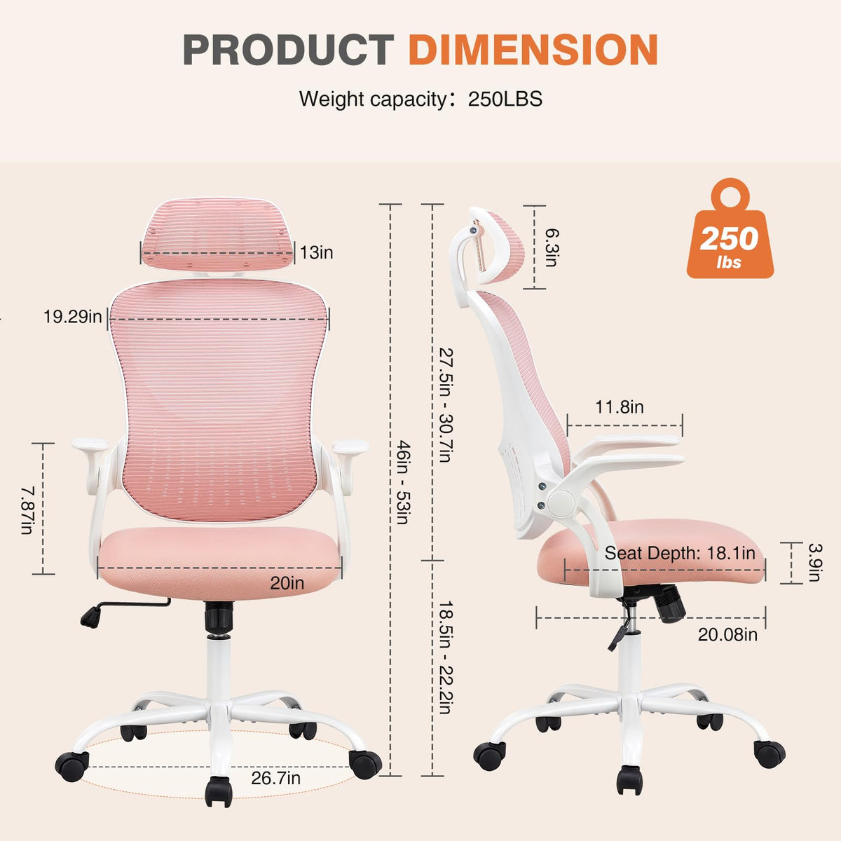 Sweetcrispy Home Office Chair, High Back Office Chair, Lumbar Support, Pink, 20.08"D&High Back&Flip-up Arm