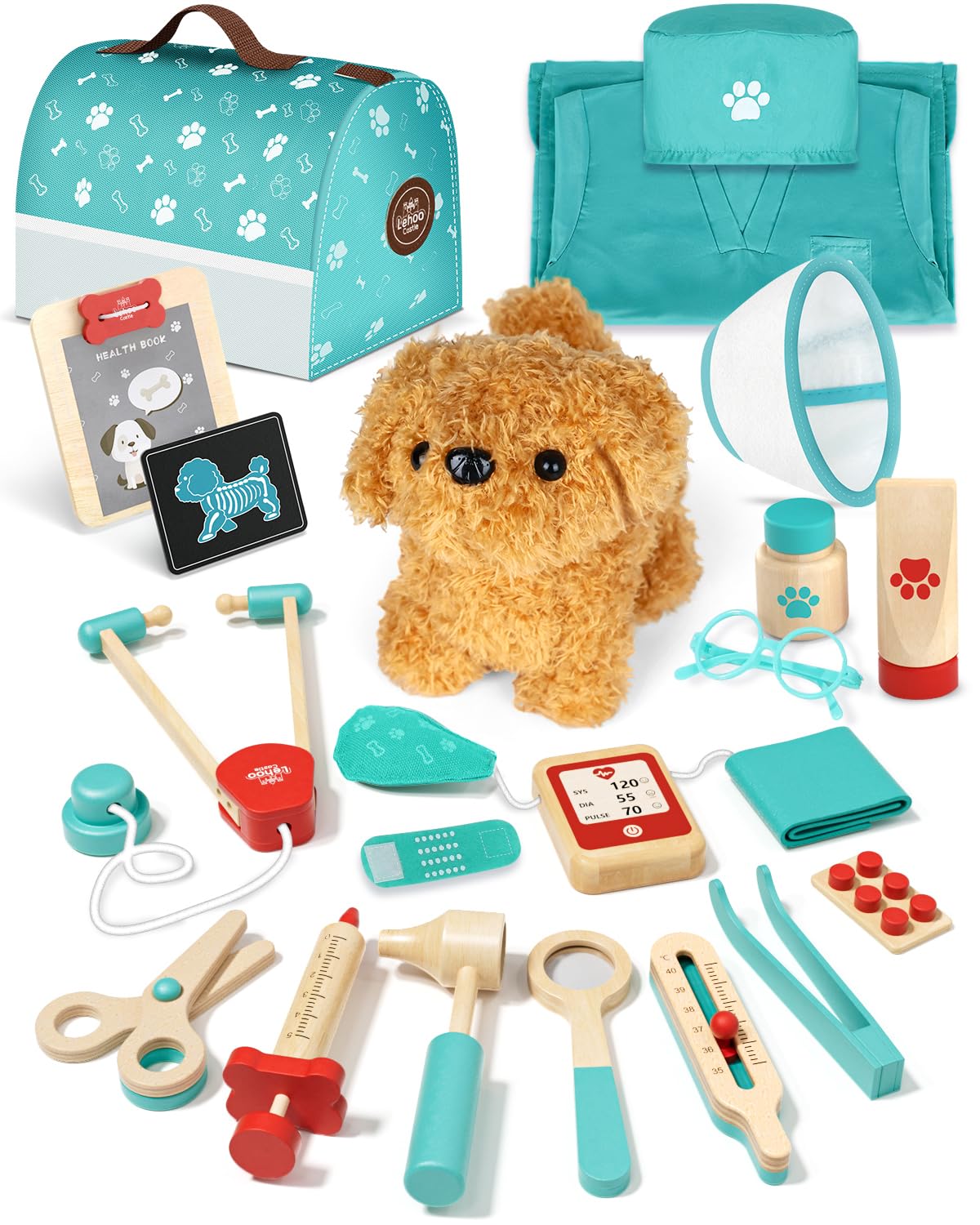 Lehoo Castle Wooden Doctor Kit for Toddlers 3-5 Girls Toys, Vet Toys for Kids, Pretend Play Doctor Set with Puppy, Stethoscope & Dress Up Costume Medical Accessories