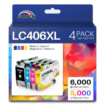 colorfly LC406XL High Yield Ink Cartridges for Brother Printer LC406 Ink Cartridges LC406XL LC 406-XL use with Brother MFC-J4335DW MFC-J5855DW MFC-J5855DW MFC-J6955DW Printer (4 Pack BK/C/M/Y)