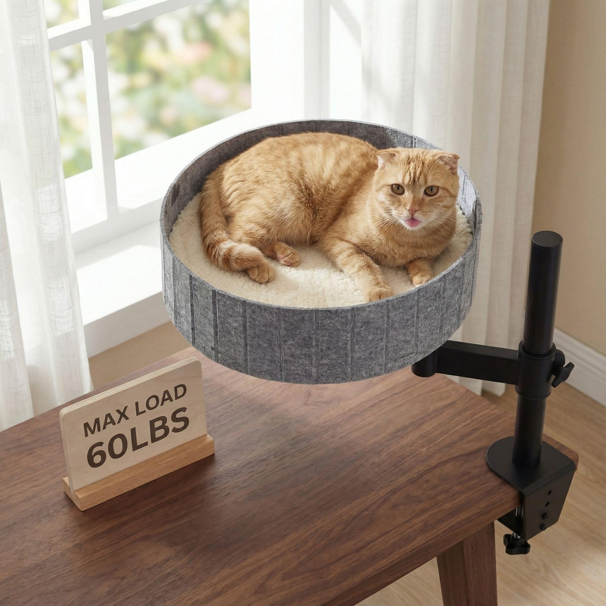 Felt Desk Cat Bed, Gray Felt with White Plush Interior, Adjustable Height Stand