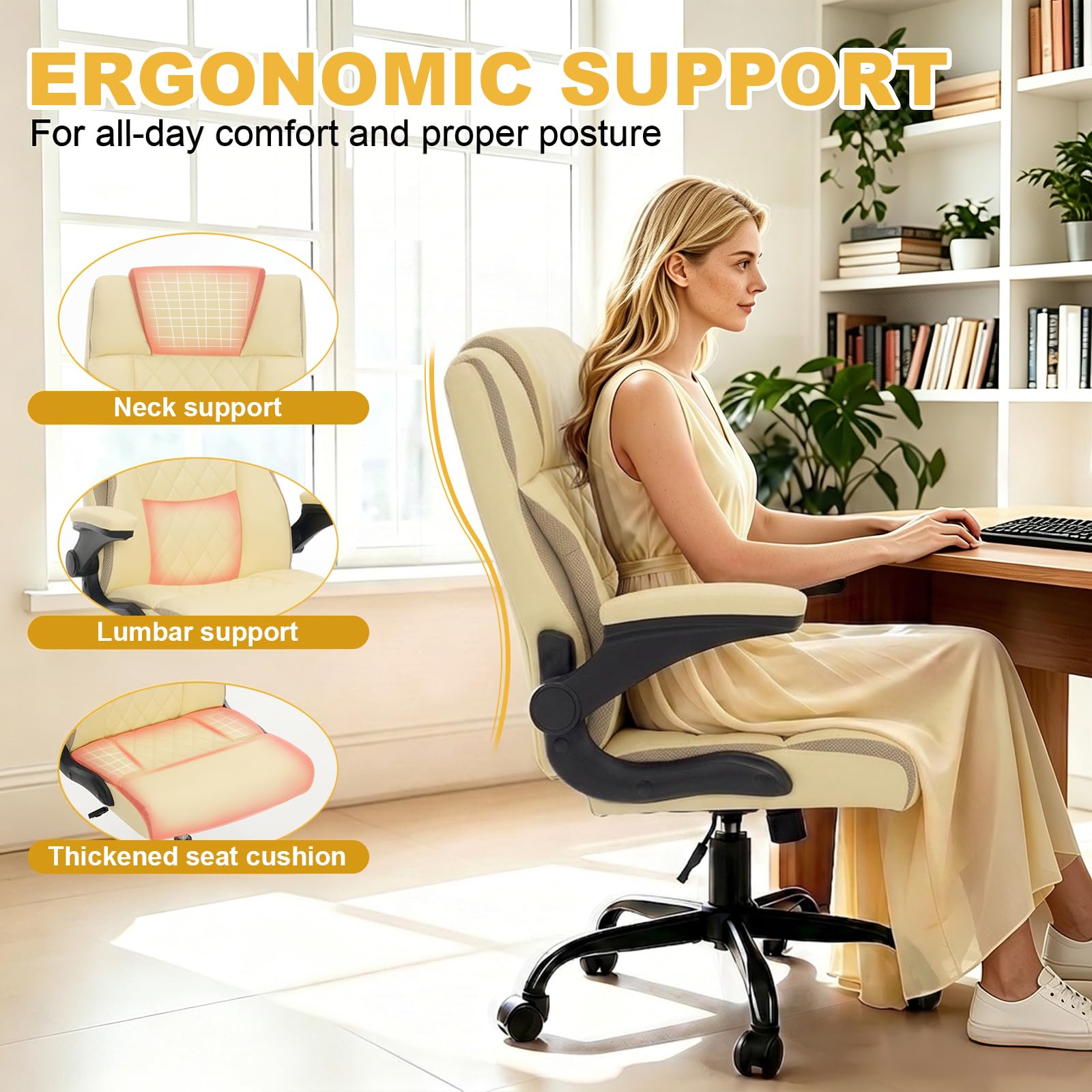 Lianva Ergonomic Office Chair, Executive Desk Chair with Flip-up Armrest, Swivel Computer Task Chair with Wheels for Home Office, Small Gaming